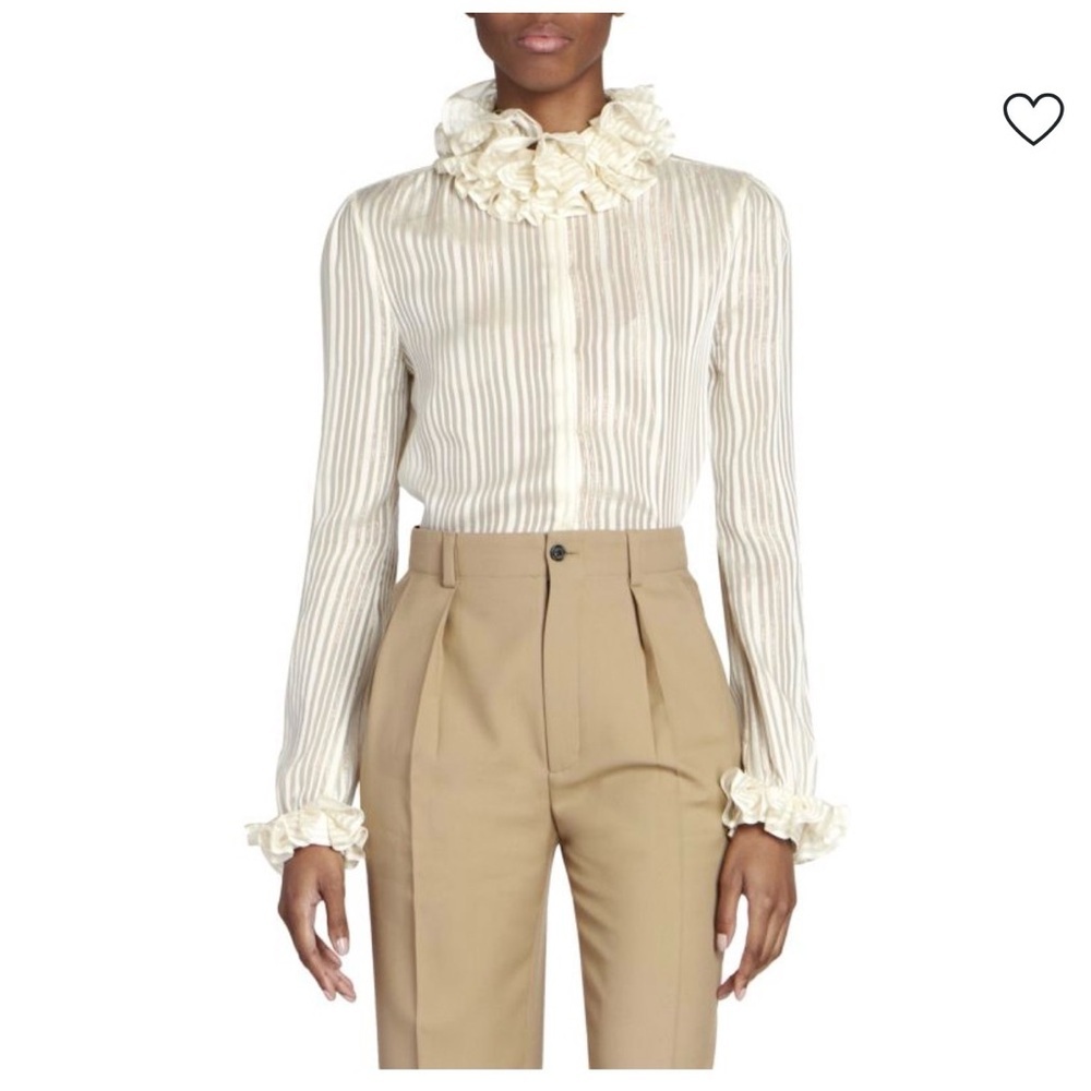 Saint Laurent Ivory Ruffle-collar Striped Silk Blouse Size 38